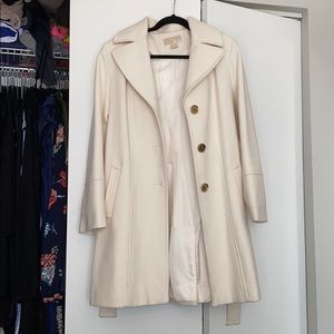 Cream pea coat with gold buttons and hood